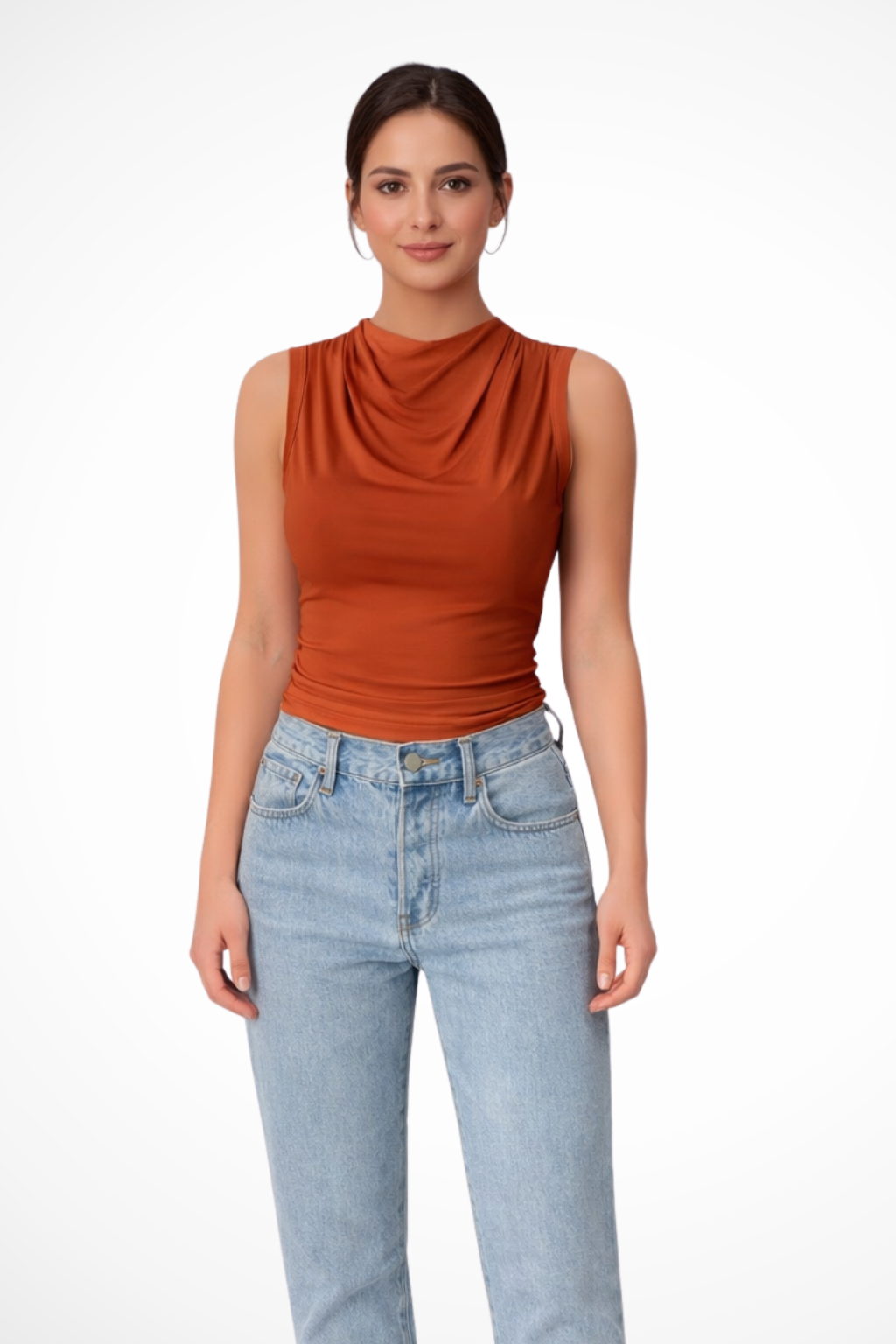 Modern women's sleeveless peplum top with a graceful draped neckline. Stylish & versatile for any spring or summer look.