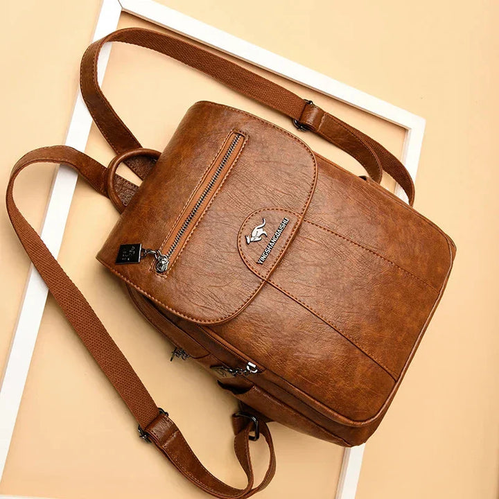 Chic women's leather anti-theft travel backpack, perfect for secure daily use.
