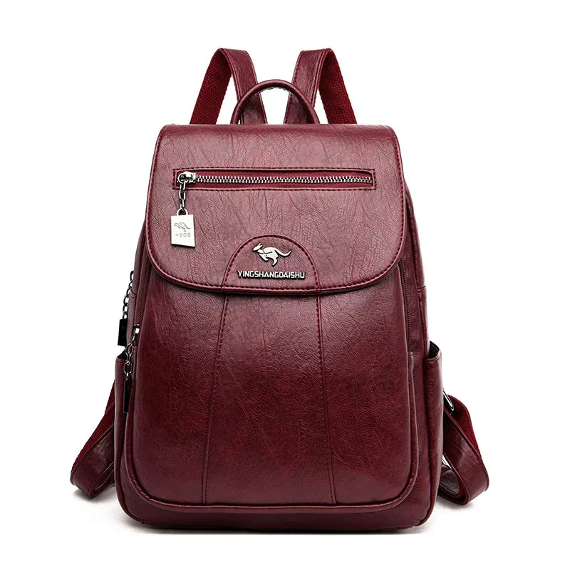 Detail of premium leather on a women's anti-theft backpack, a durable fashion essential.