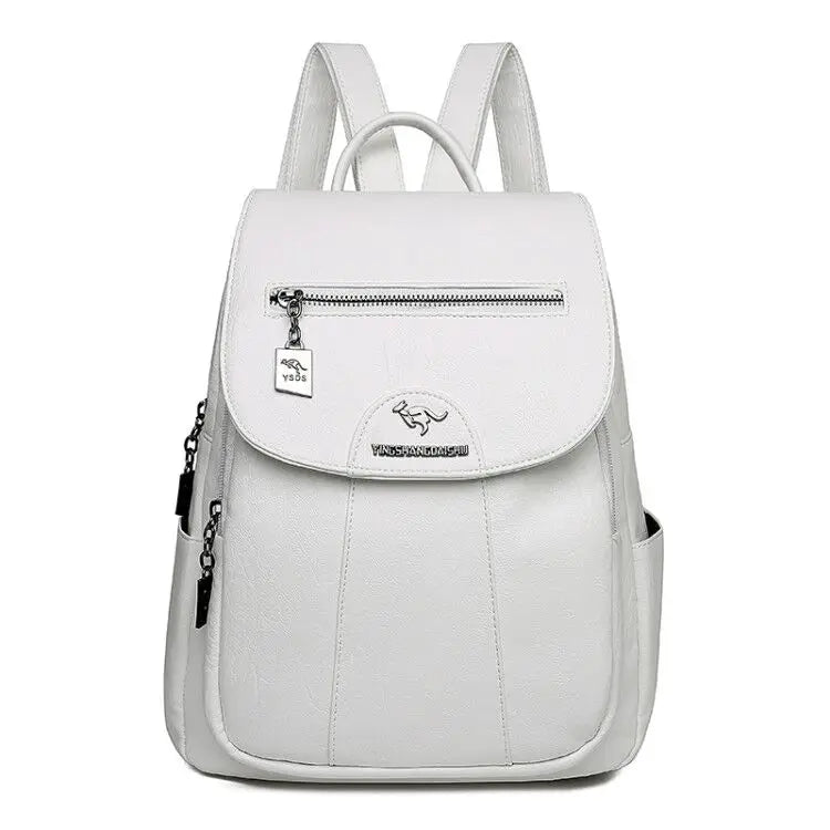 Women's large leather anti-theft backpack, showcasing secure compartments & stylish design.