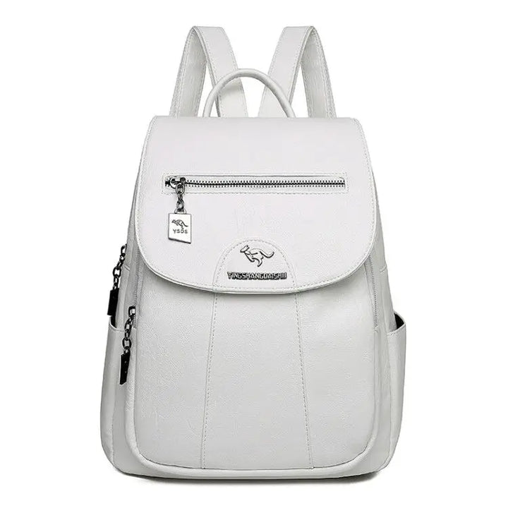 Women's large leather anti-theft backpack, showcasing secure compartments & stylish design.