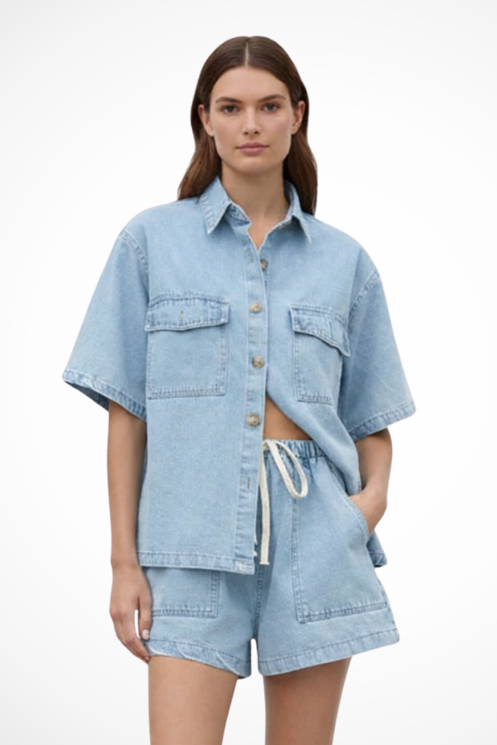 Women's light blue button-down shirt & drawstring shorts set. Effortless casual summer two-piece outfit.
