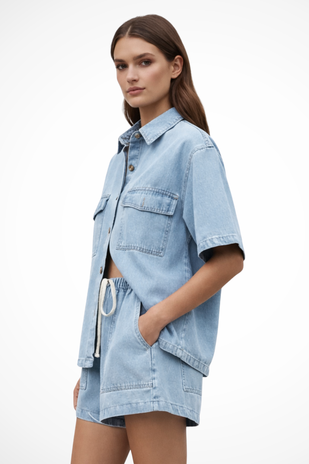 Navy blue women's two-piece co-ord set with a relaxed fit button-down shirt and comfy drawstring shorts.