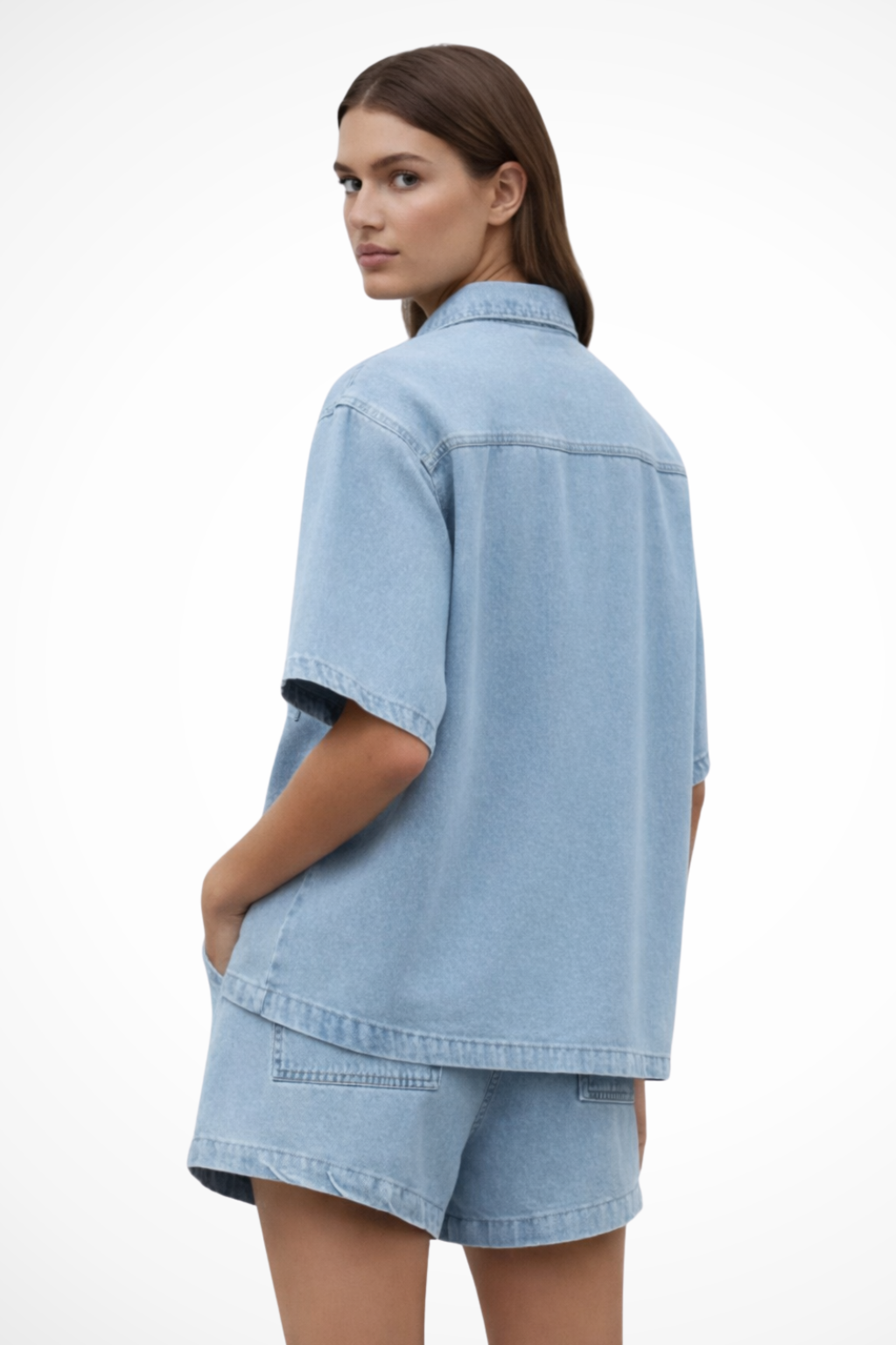 Effortless women's summer fashion: light blue shirt & drawstring shorts set, perfect for loungewear.