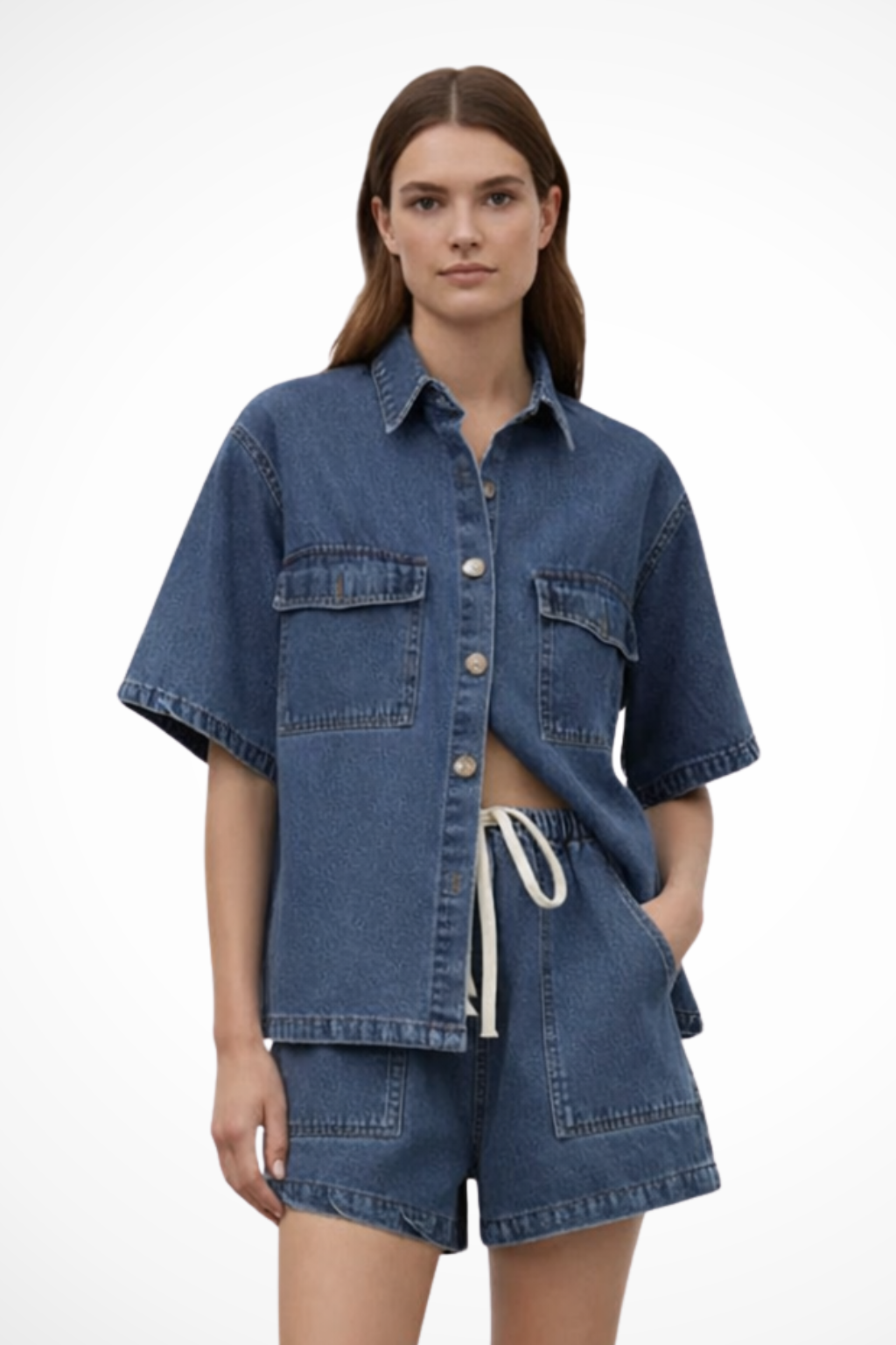 Relaxed fit navy blue women's casual outfit: button-down shirt and matching drawstring shorts set.