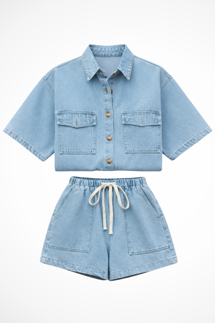 Versatile women's everyday wear: light blue button-down shirt and drawstring shorts co-ord set.