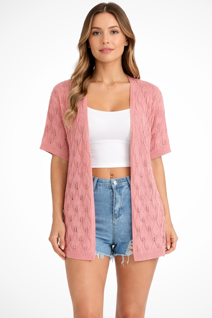 Women's lightweight short sleeve crochet cardigan, open front, perfect for summer layering and casual style.