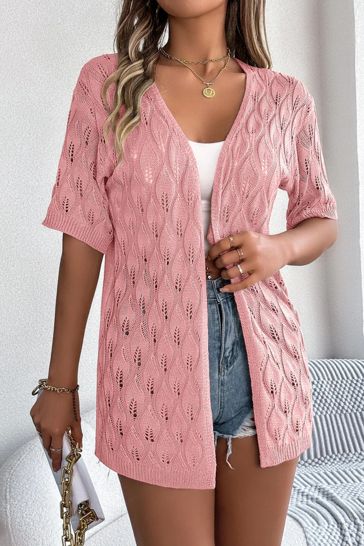 Stylish women's semi-sheer crochet cardigan, short sleeve, open front, ideal for spring & summer outfits.