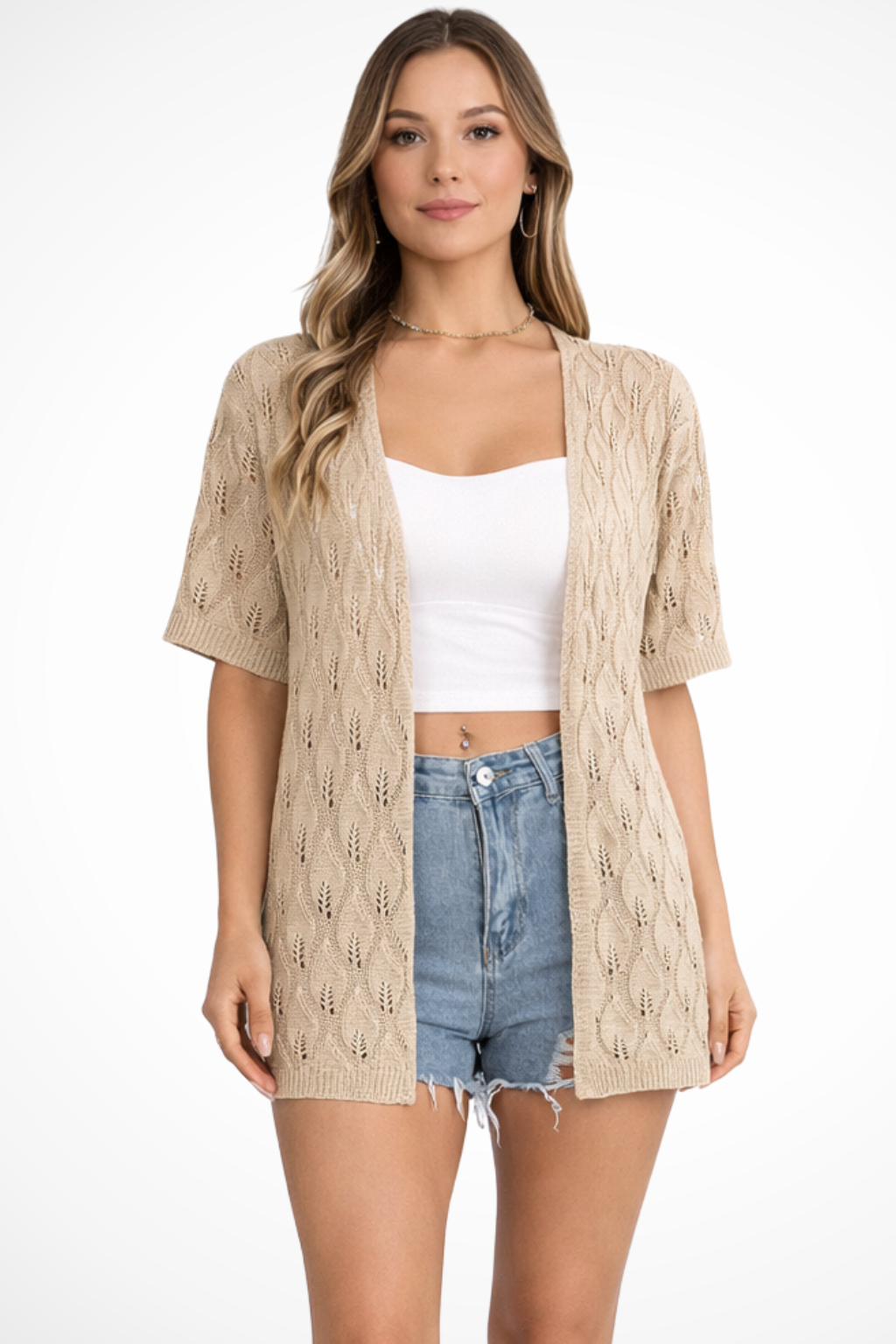 Elegant women's short sleeve crochet cardigan, semi-sheer, lightweight, perfect for chic spring/summer looks.