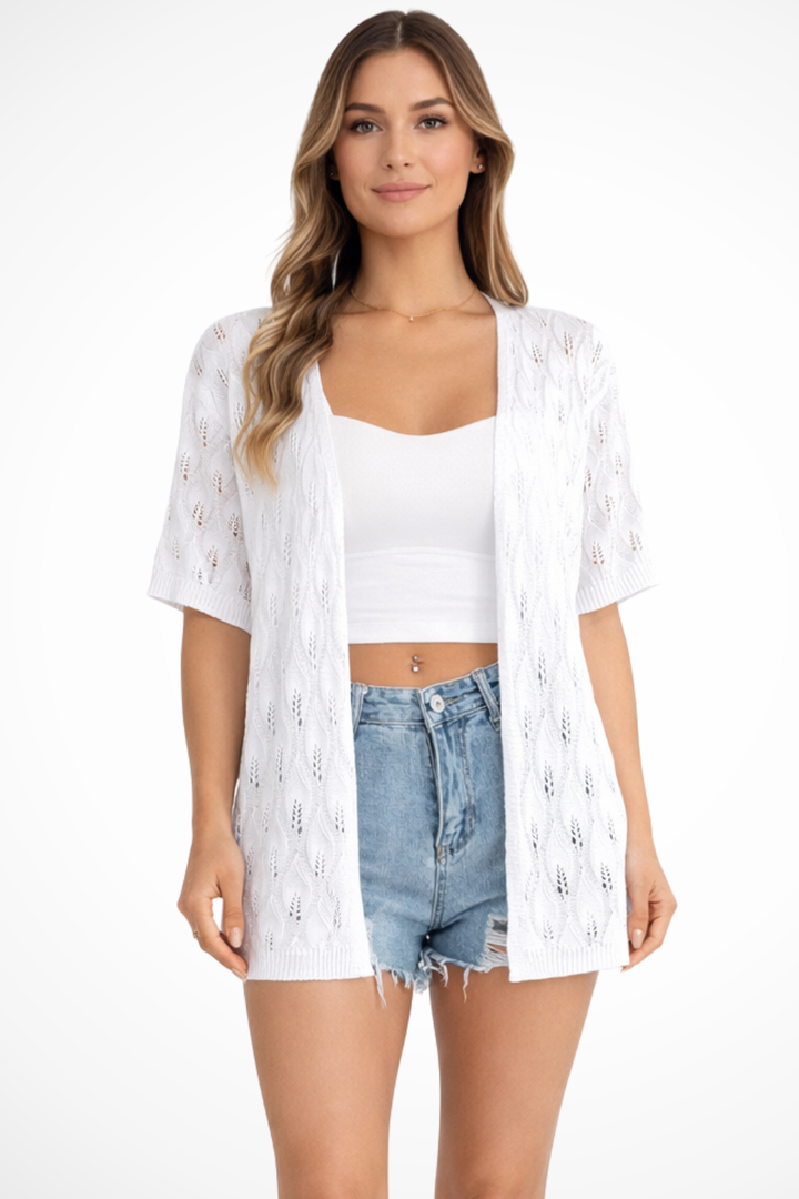 Women's short sleeve open front crochet cardigan, lightweight, relaxed fit, versatile for summer spring layering.