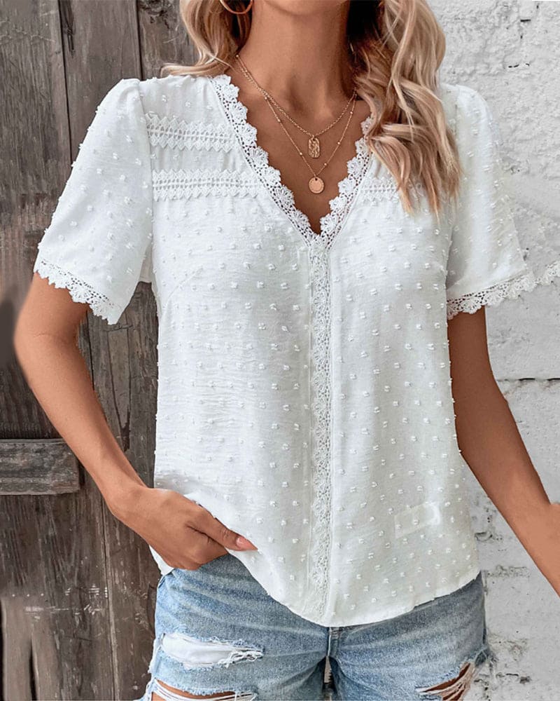 Chic women's lightweight V-neck summer blouse, perfect for warm weather fashion.