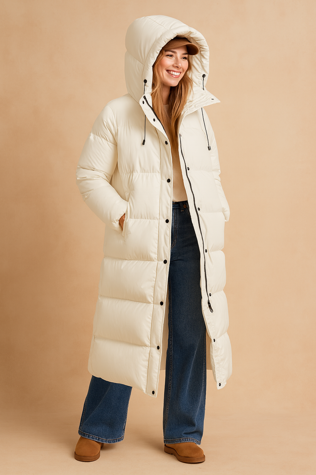 Stylish women's long puffer jacket with hood, quilted design, perfect casual fashion coat for winter.