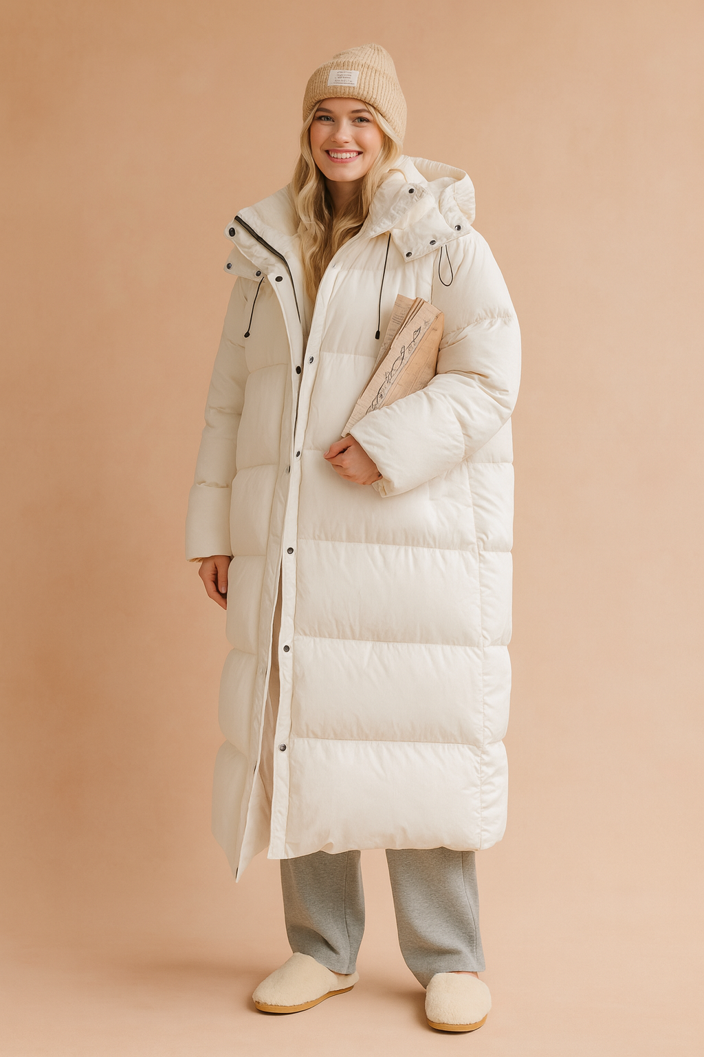 Women's long hooded quilted jacket, a warm and stylish puffer coat designed for cold winter weather.