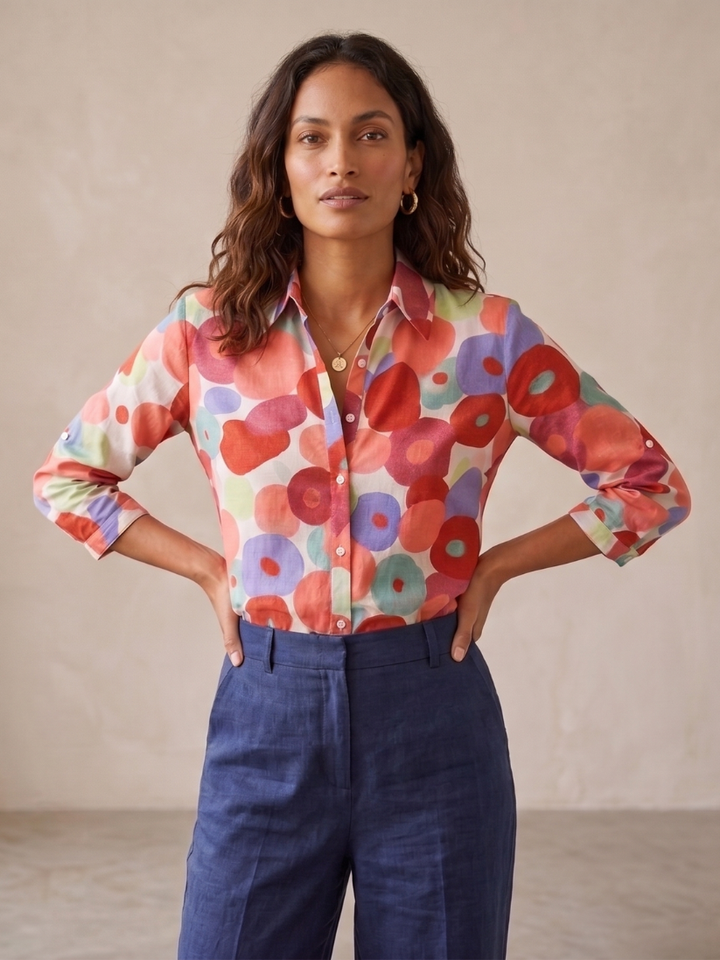 Women's long-sleeve floral button-down blouse, perfect for versatile spring/summer casual wear & office outfits.