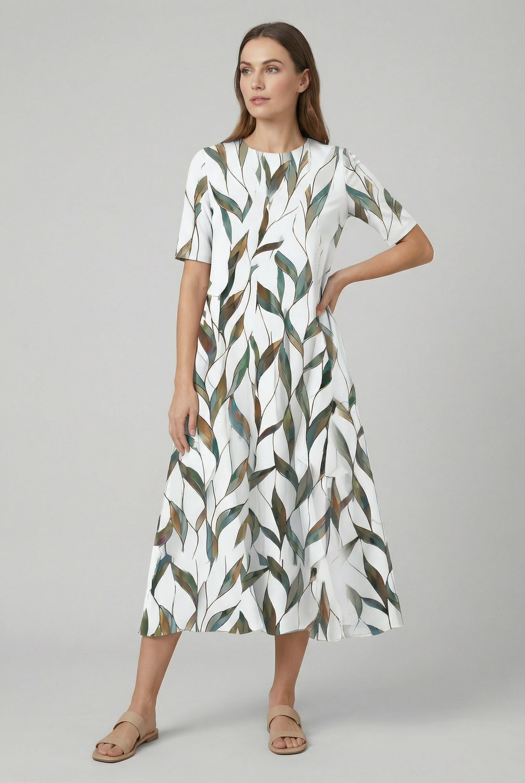 Casual women's summer midi dress with a beautiful floral print and a comfortable, relaxed fit.