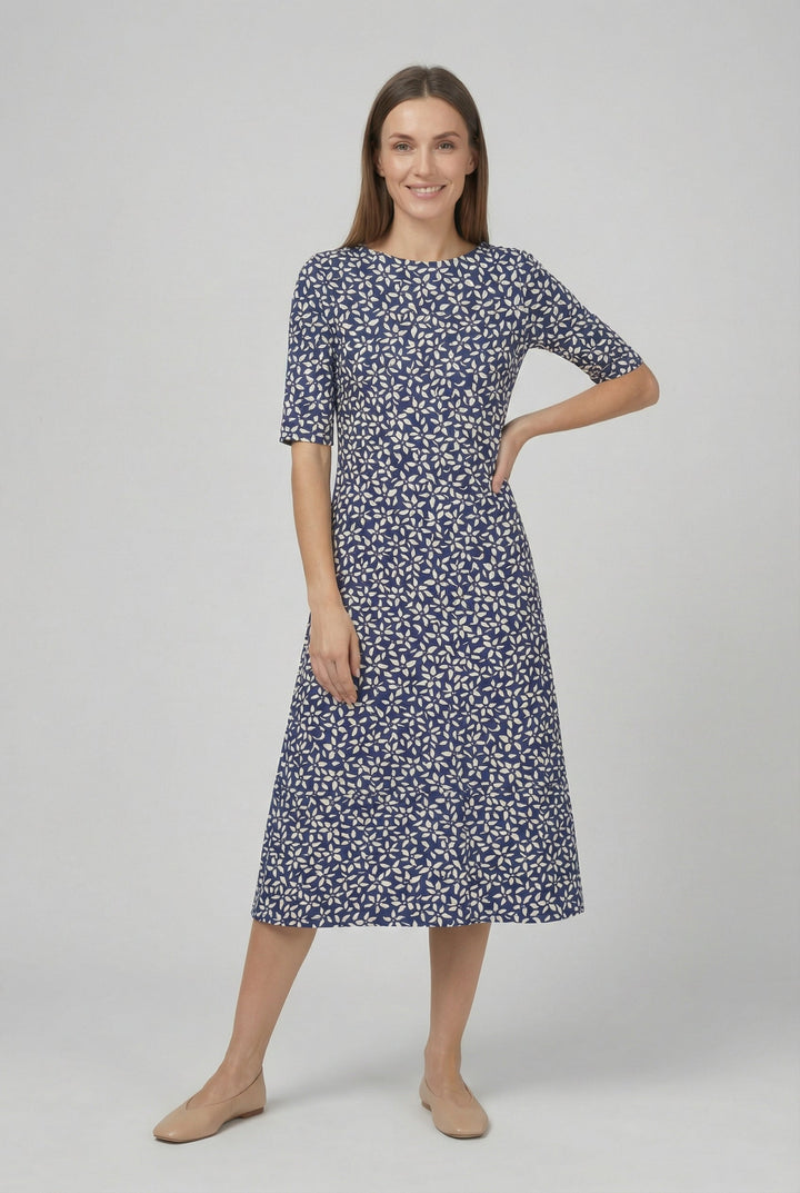 Elegant women's short sleeve floral midi dress, loose fit design. Great for summer outings and beach vacations.