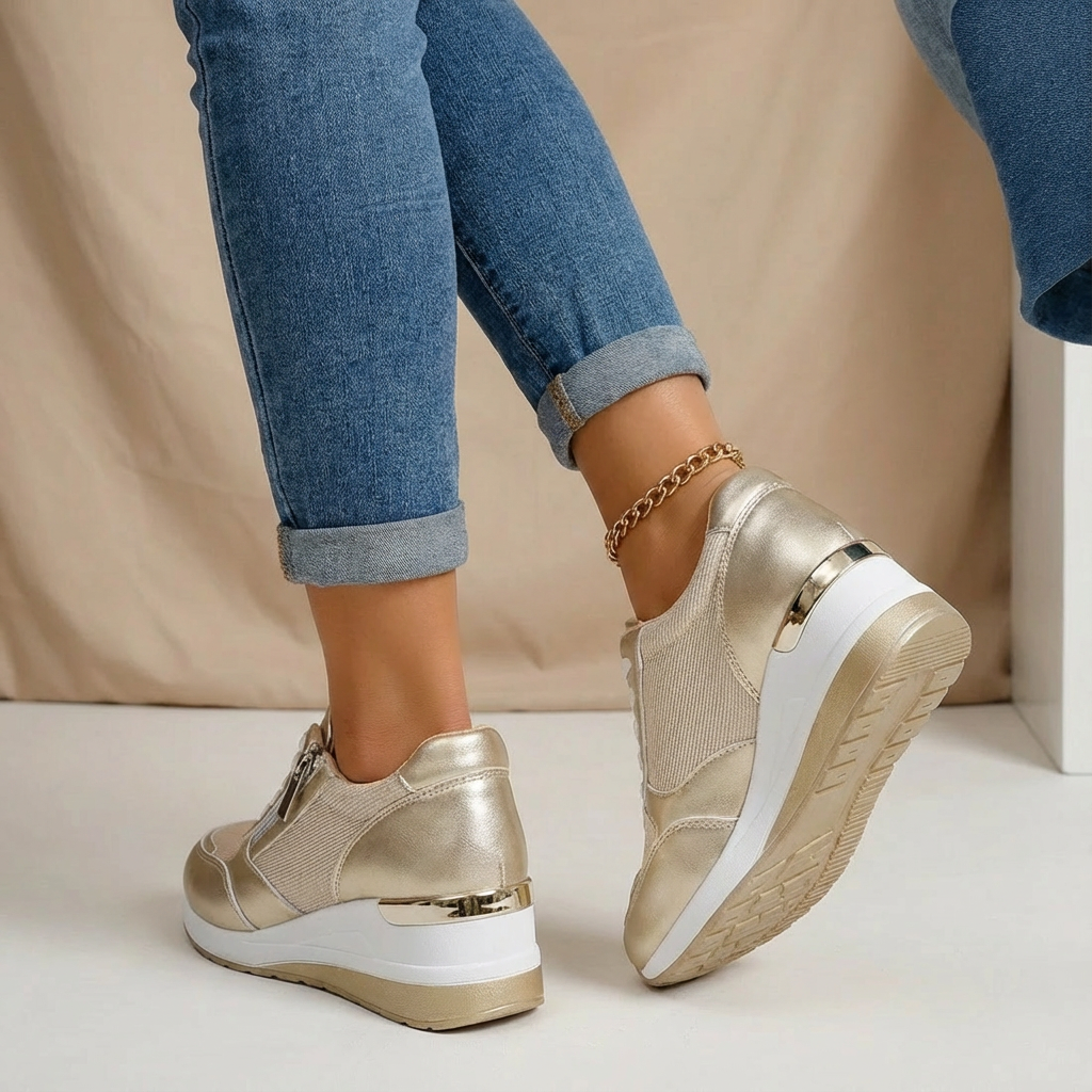 Chic silver wedge trainers for women. Comfortable platform sneakers with lace-up detail & side zip.