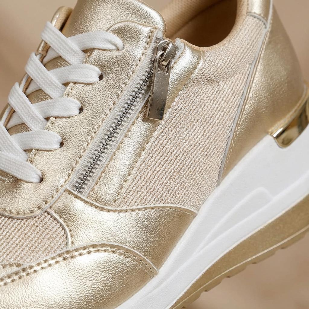 Comfortable gold wedge trainers for women, featuring a side zip & trendy platform sole. Perfect for casual wear.