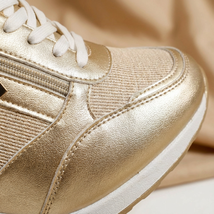 Women's silver platform sneakers, stylish wedge trainers with side zip & lace-up design for everyday chic.