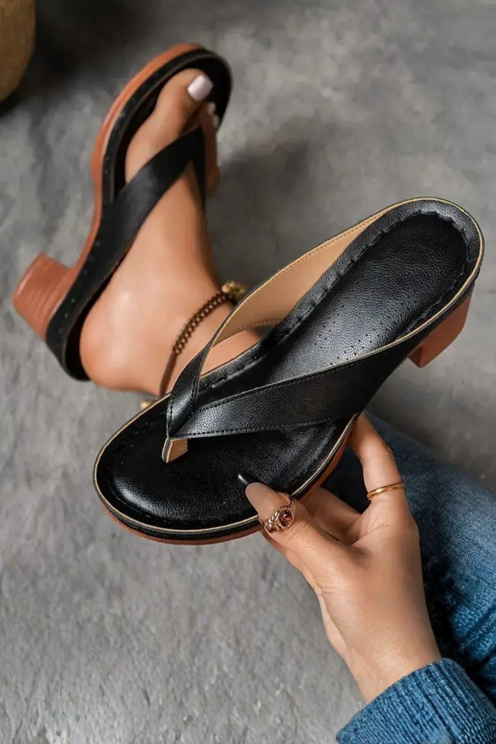 Rose gold metallic toe post sandals for women, featuring a comfortable block heel design.