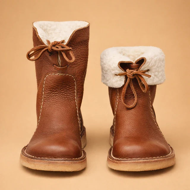 Women's minimalist brown lace-up ankle boots, perfect for cozy winter style & everyday comfort. Stylish outdoor footwear.