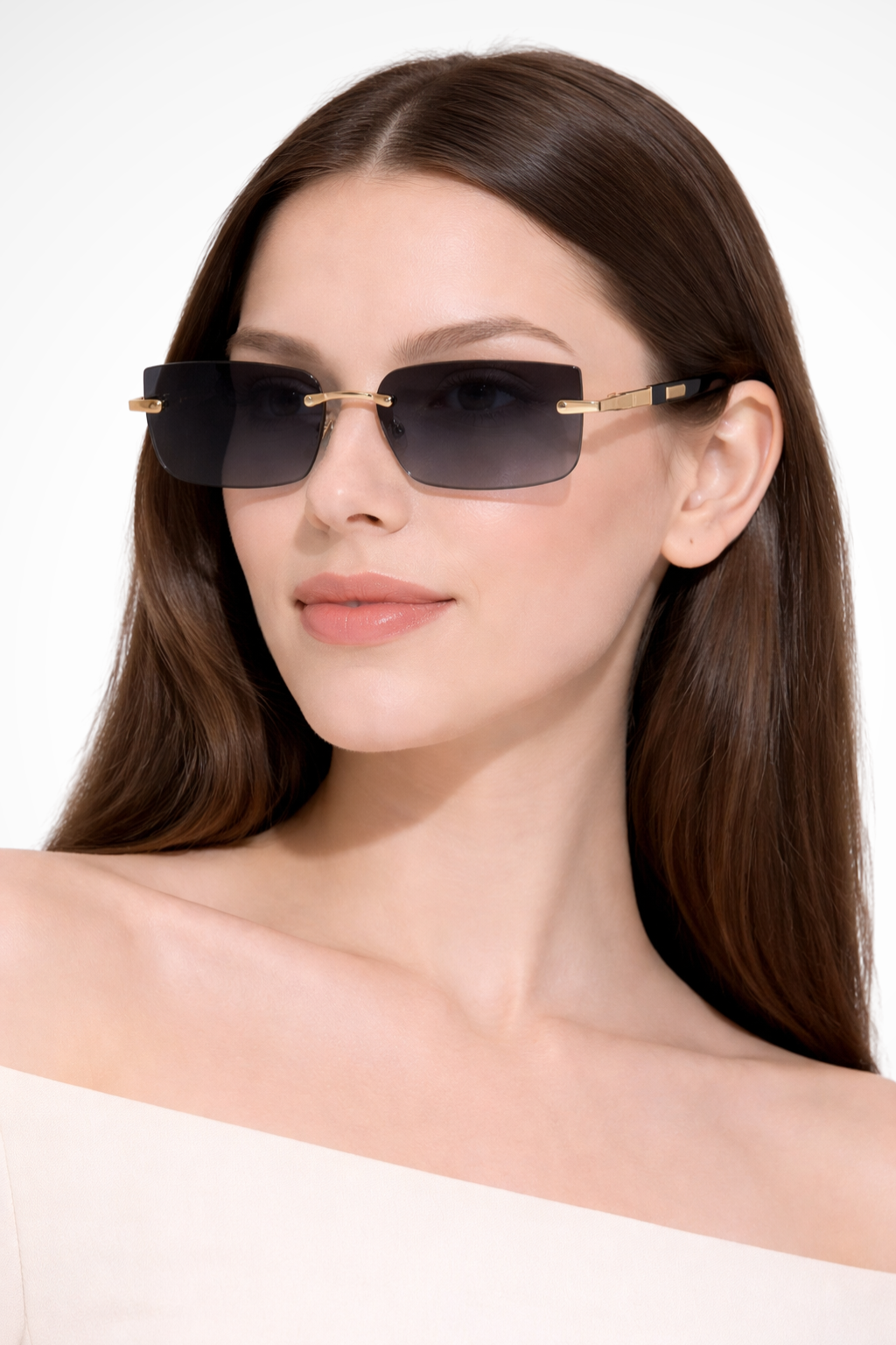 Women's modern rimless rectangle sunglasses, sleek chic design.
