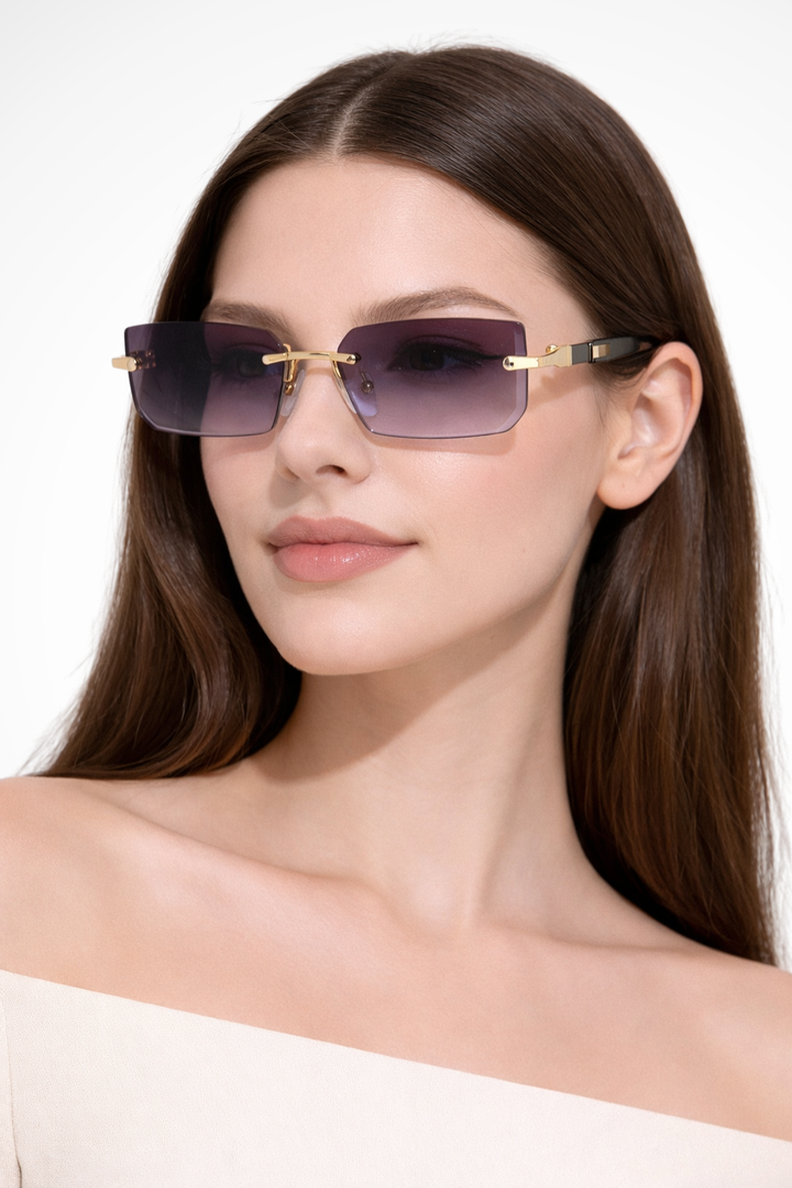 Chic rimless rectangle sunglasses for women, modern eyewear fashion.