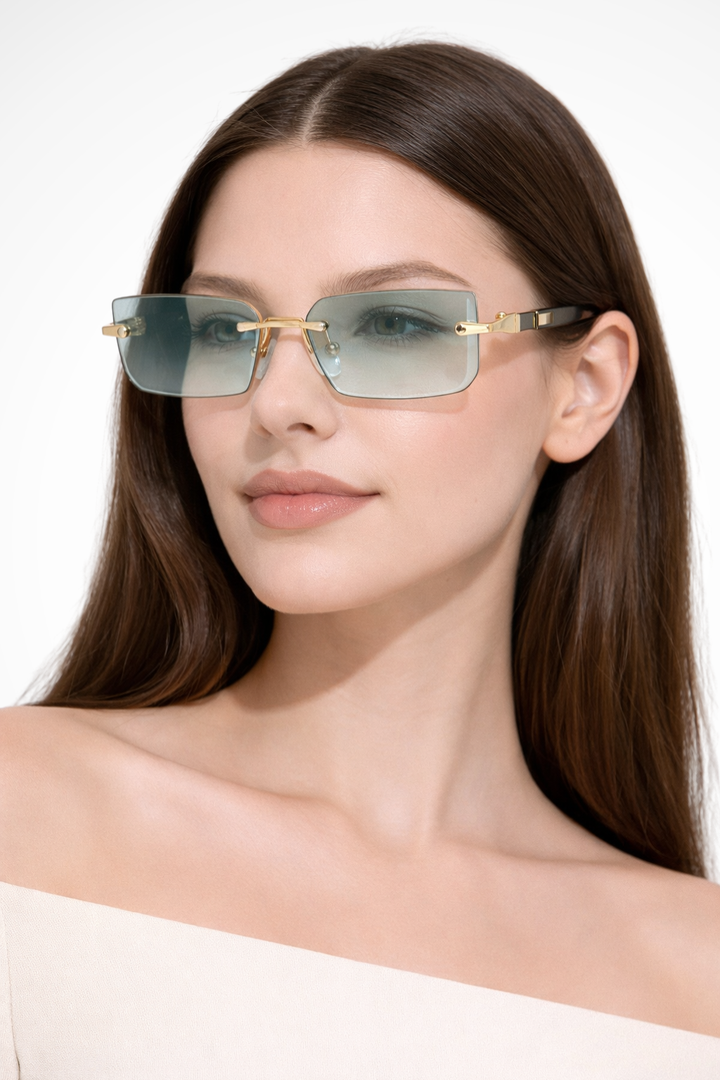 Modern women's eyewear: rimless rectangular sunglasses, fashion accessory.