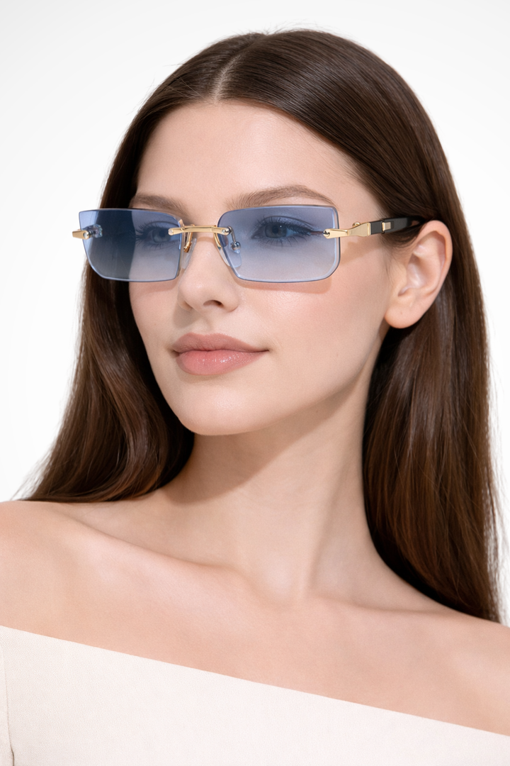 Elegant rimless rectangle sunglasses for women, perfect for modern style.