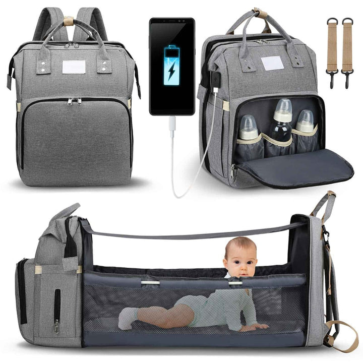 Waterproof multi-function baby gear backpack with integrated portable baby bed & changing pad.