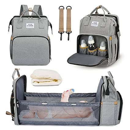 Women's multi-function diaper backpack that unfolds into a comfortable portable baby bed.