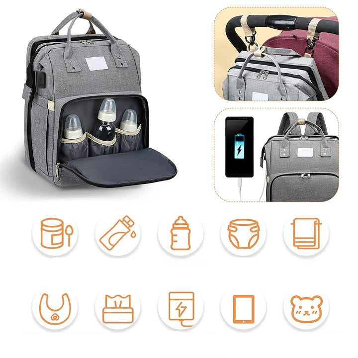 Travel-friendly multi-function nappy bag and portable baby bed, ideal for busy parents.