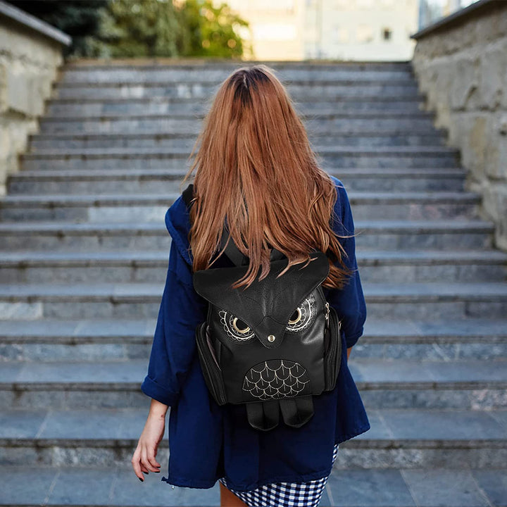 Multi-pocket women's PU leather backpack with a fun owl print, great for organizing items & everyday carry.