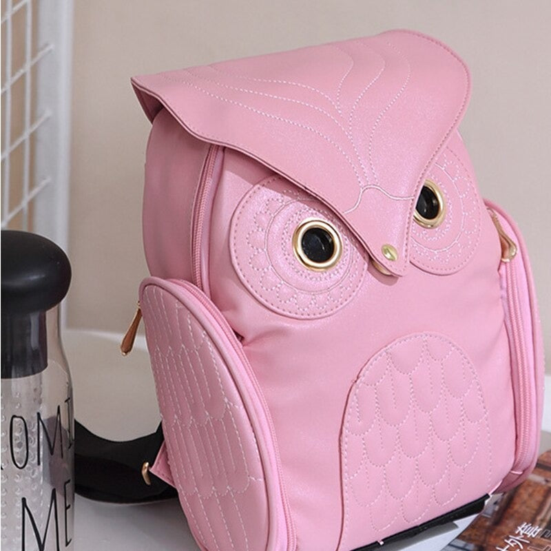 Elegant women's PU leather backpack, featuring a vibrant owl print and practical multi-pocket storage.