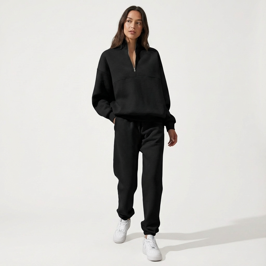 Women's navy blue cozy half-zip loungewear set with joggers, perfect for comfortable casual wear and travel.