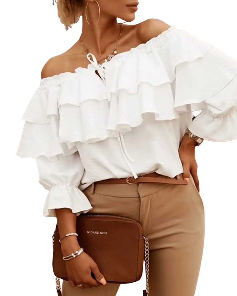 Women's off-shoulder tiered ruffle blouse with tie-front detail. Long sleeve, elegant, and feminine for smart casual style.