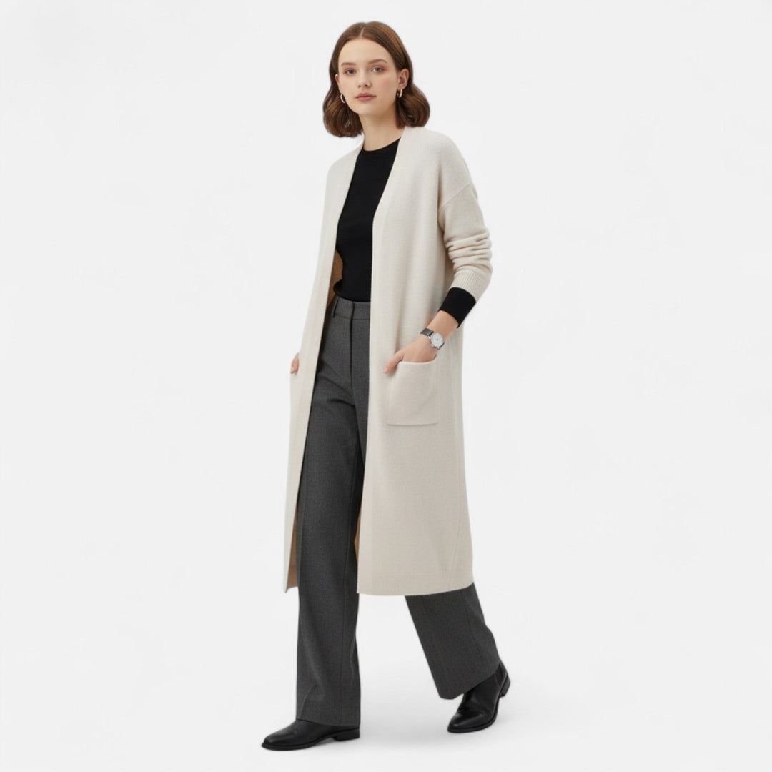 Elegant women's open-front long cardigan, effortless silhouette for chic everyday layering.