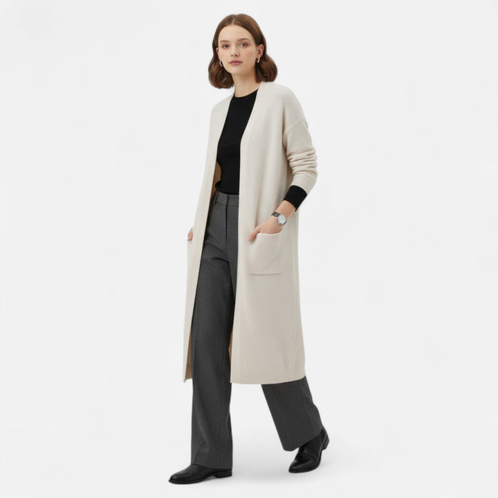 Elegant women's open-front long cardigan, effortless silhouette for chic everyday layering.
