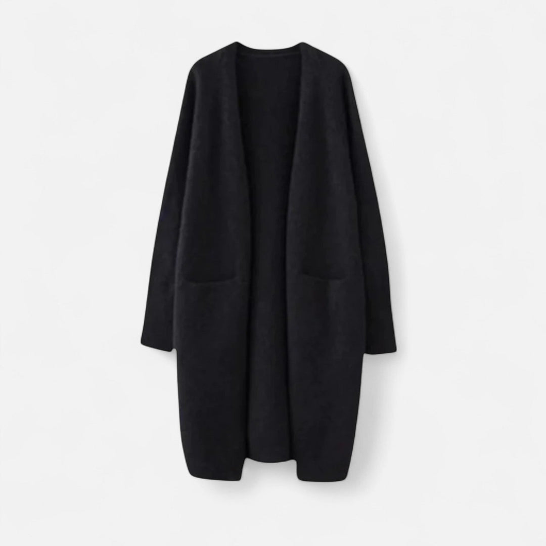 Front view of a women's open-front long cardigan, showcasing its effortless and elegant drape.