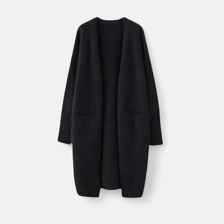 Front view of a women's open-front long cardigan, showcasing its effortless and elegant drape.