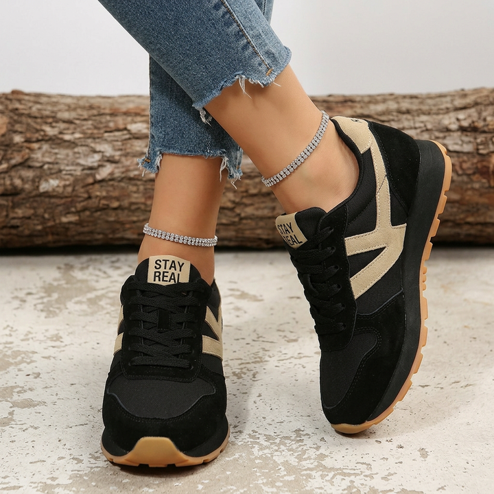 Retro style women's comfort sneakers. Lace-up orthopaedic trainers with non-slip sole for everyday walking.