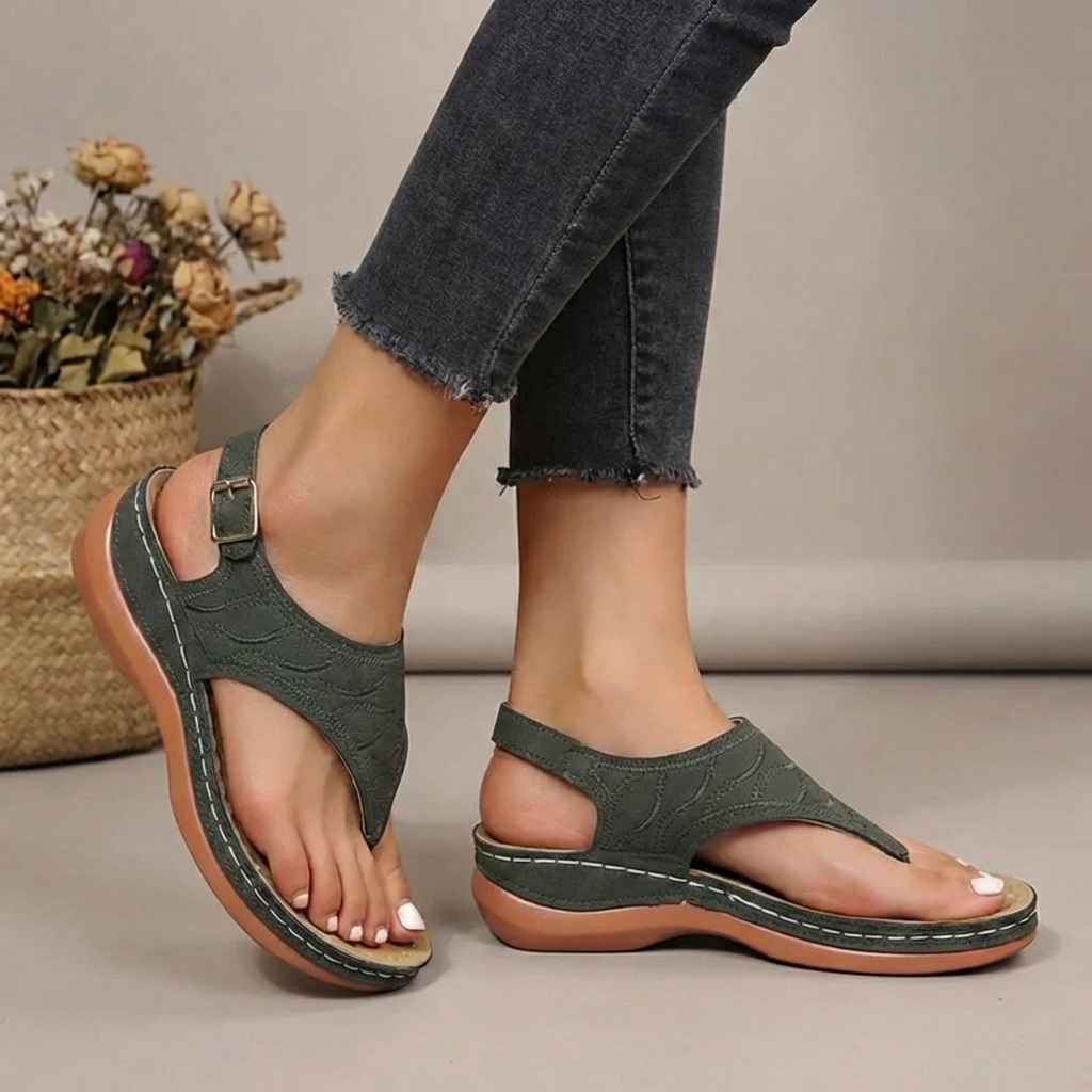 Women's orthopaedic thong sandals with arch support for comfortable summer walking and foot health.