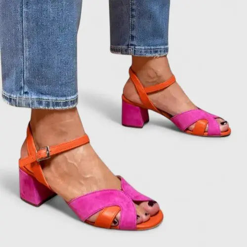 Chic pink orange orthopedic block heel sandals for women with supportive ankle strap & cushioned sole.