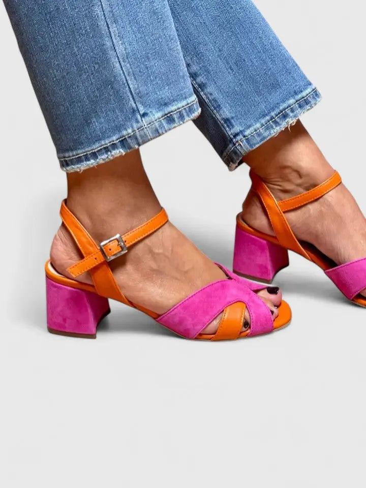 Comfortable women's orthopedic block heel sandals, pink orange with sturdy ankle strap for all-day wear.