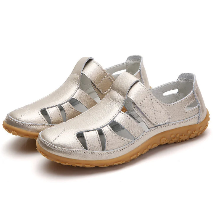 Detail of adjustable straps on women's comfort sandals for a custom, secure fit & support.