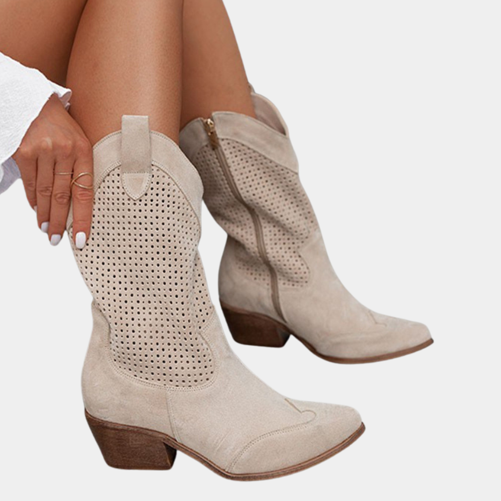Women's casual cowboy boots, mid-calf design, featuring arch support for optimal comfort.