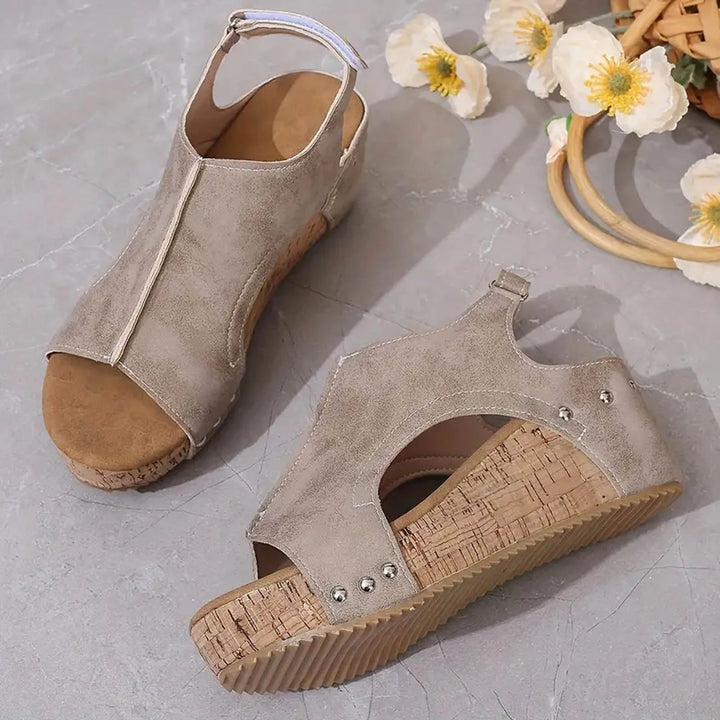 Stylish women's peep toe wedge sandals with orthopedic arch support & adjustable strap.