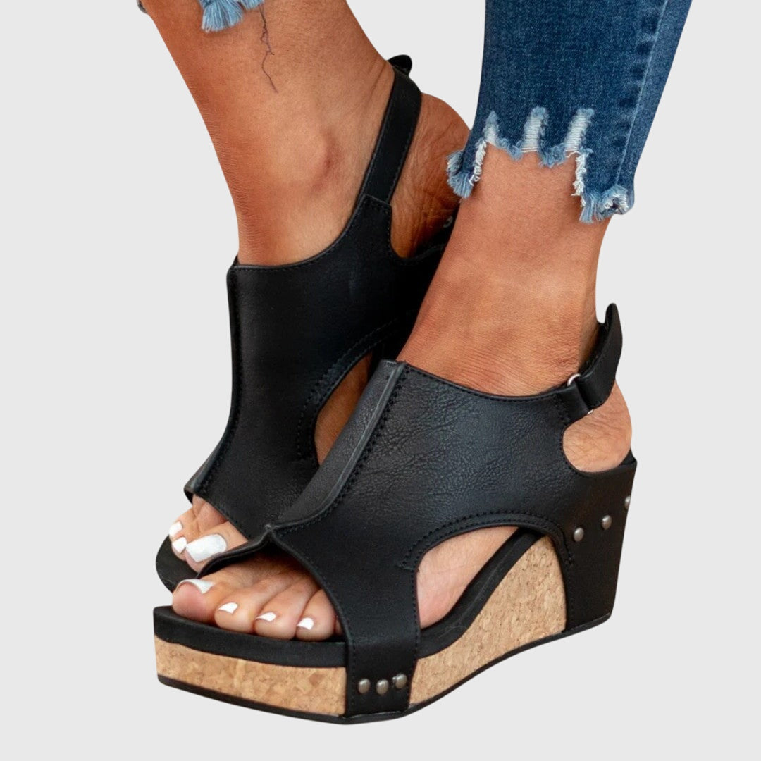 Women's peep toe platform wedge sandals with arch support, adjustable strap & ergonomic design.