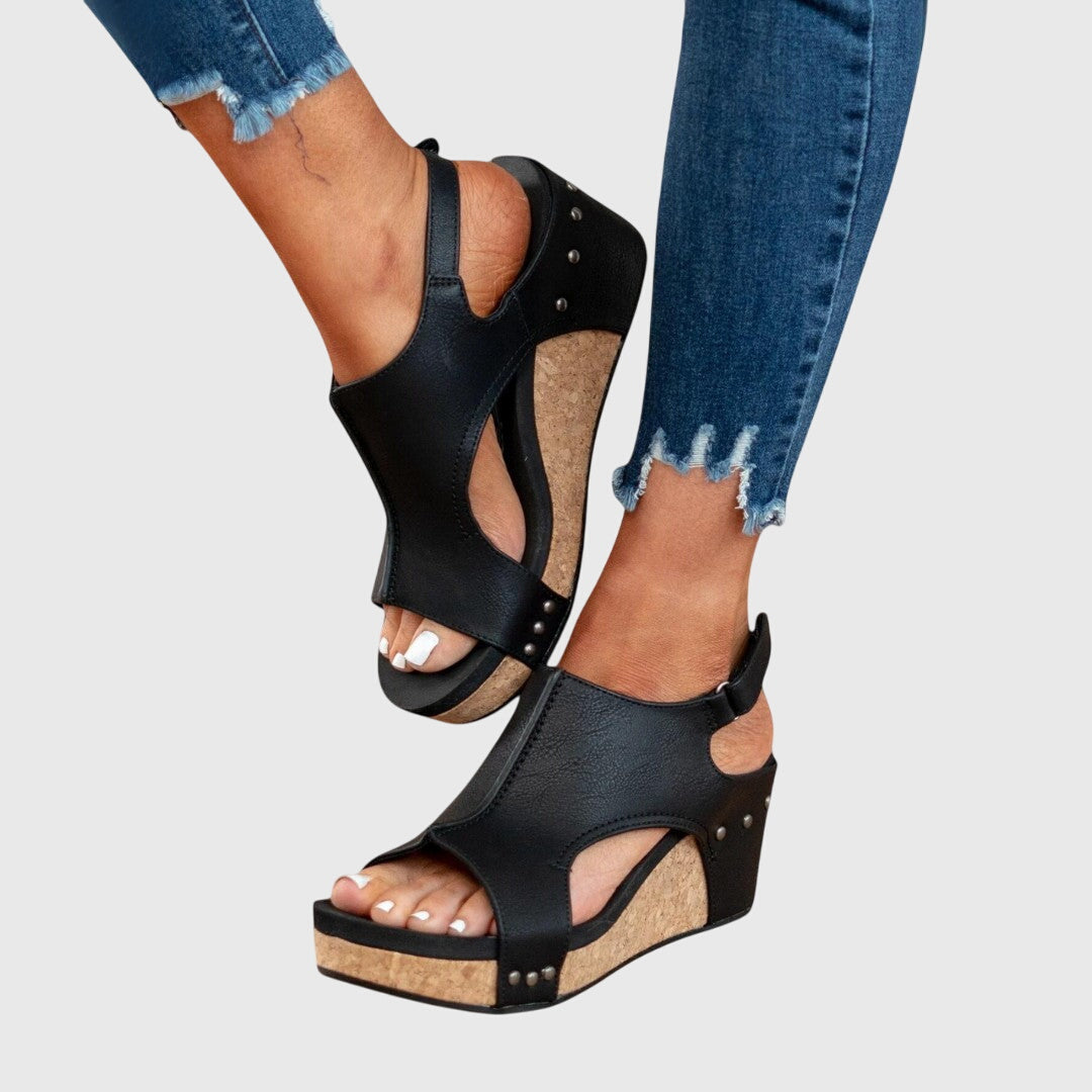 Lightweight women's orthopedic sandals with peep toe, wedge heel & platform for stylish comfort.
