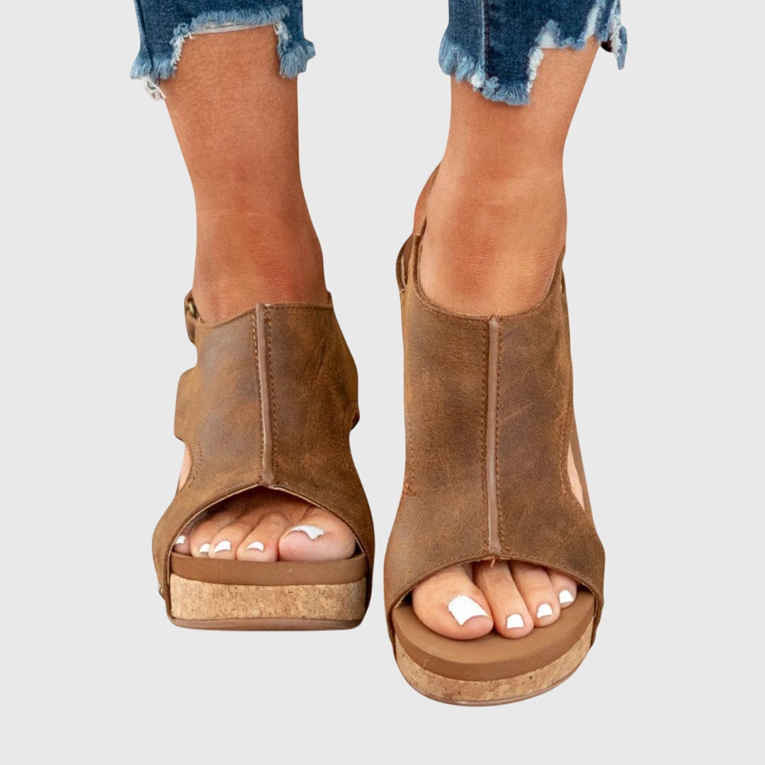 Therapeutic women's peep toe platform wedge sandals, designed for orthopedic comfort & foot health.